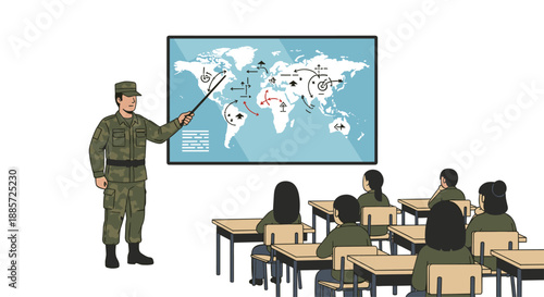 This informative illustration shows a soldier acting as an instructor, teaching students about global military strategy and logistics using a detailed world map display.