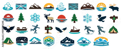 Abraham Lake Alberta Adventure Icons with Mountains, Wildlife, and Nature