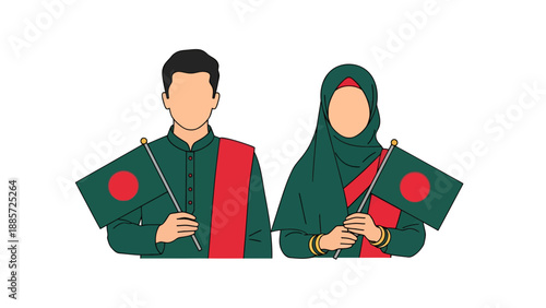 Bangladeshi Couple Holding National Flags Vector Illustration, Cultural Celebration and National Pride Concept, Graphic Design Template