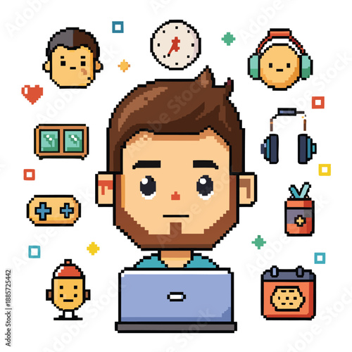 Pixel Art Gamer Boy with Laptop and Tech Icon Set