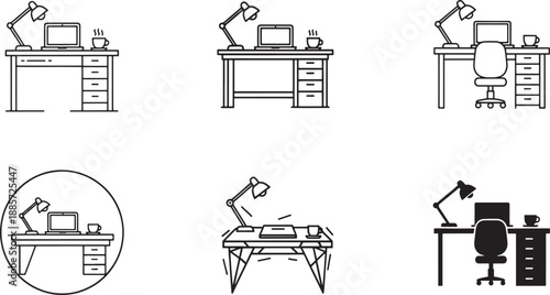 A collection of six office workspace icons depicting laptop, desk, and lamp in various styles Vector