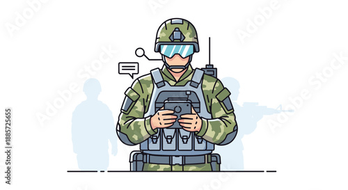This modern illustration showcases a soldier in full tactical gear and helmet, confidently using a tablet for communication or data access, representing advanced military technology.