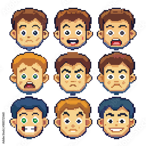 Pixel Art Male Character Face Emotion and Expression Sheet