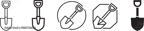 Shovel and digging tool icon set with outline, geometric, and solid styles for construction, gardening, and industrial user interface design