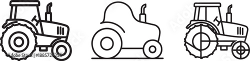 Tractor and farming vehicle icon set with outline and solid styles for agriculture, transport, and rural industry design systems