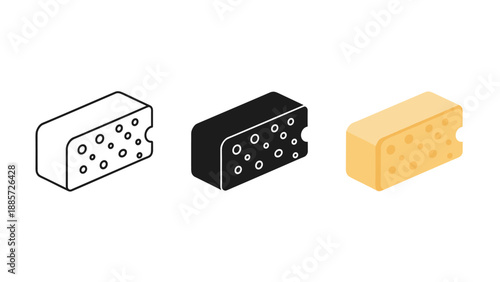 Three cheese blocks in different styles on white background varying textures and colors
