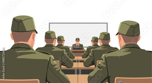 This instructional illustration depicts a group of soldiers in uniform seated in a classroom, viewed from behind, intently focused on an instructor presenting at the front.