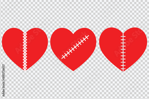 Red broken hearts set with white stitches for Valentines Day concept vector illustration