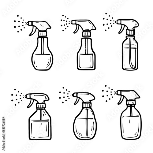 Set of hand-drawn spray bottles with different designs and nozzle variations