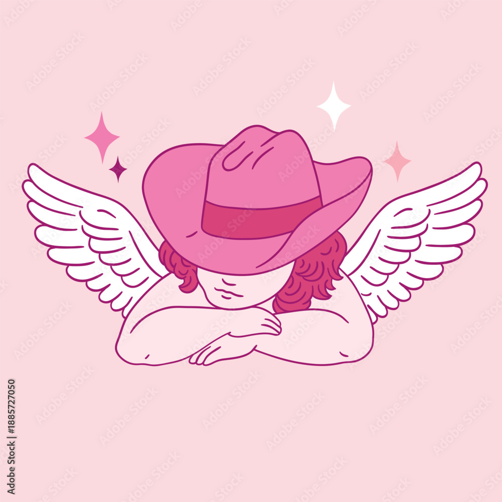 Fototapeta premium Hand drawn Valentine cupid character in pink cowboy hat. Vector illustration on isolated background. 