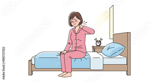 This relatable illustration portrays a woman waking up in bed with a distressed expression, holding her neck due to discomfort and pain, symbolizing sleep issues or physical strain.