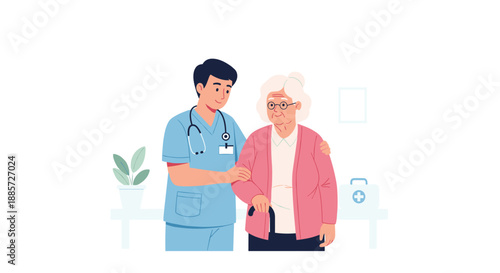 This caring illustration depicts a male nurse or doctor gently assisting an elderly woman using a cane, symbolizing medical support, mobility assistance, and compassionate healthcare.