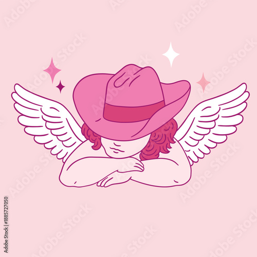 Hand drawn Valentine cupid character in pink cowboy hat. Vector illustration on isolated background. 