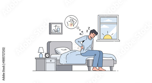 This common illustration shows a man waking up in bed with a pained expression, clutching his lower back due to discomfort, symbolizing chronic back pain or a poor sleeping position.