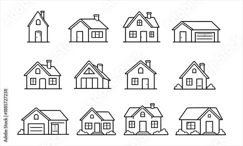 Collection of diverse minimalist house line art icons, home outline vector illustrations on white background