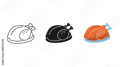 Three roasted turkey icons on plates in black, white and orange