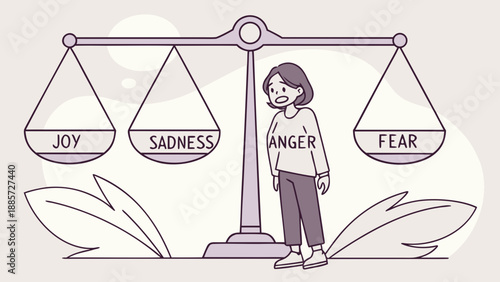 Woman balancing emotions on a scale: Joy, Sadness, Anger, Fear. Mental health, emotional struggle, stress concept.
