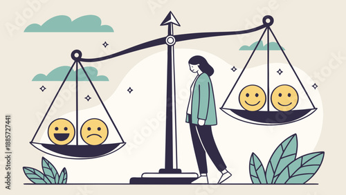 Emotional Balance Concept: Woman weighing feelings on scale with happy and sad emojis. Mental health, well-being & decision-making.