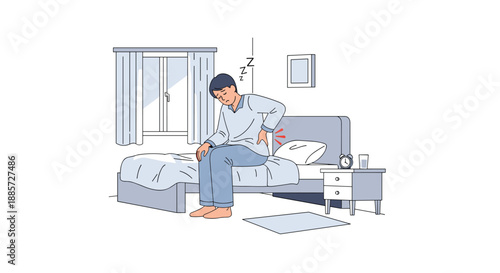 This relatable illustration captures a man waking up in bed, viewed from the side, with a grimace as he rubs his lower back, indicative of morning back pain or an uncomfortable sleep.