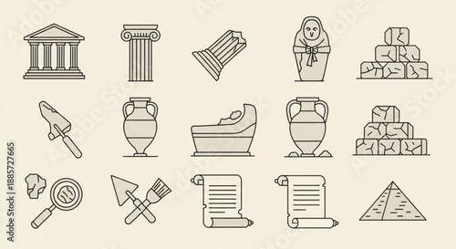 A collection of ancient historical icons and symbols in a simple line drawing style on a beige background