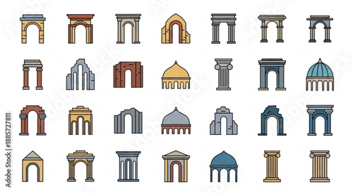 Collection of various architectural archways and columns in different styles and colors