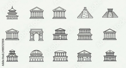 A collection of iconic architectural landmarks and monuments from around the world in simple line drawing style on light gray background