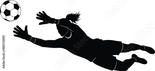 Athletic female soccer goalkeeper silhouette diving to save a football in mid air during professional match isolated on white background for sports design