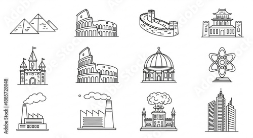 A set of iconic landmarks and structures from around the world in a simple line drawing style