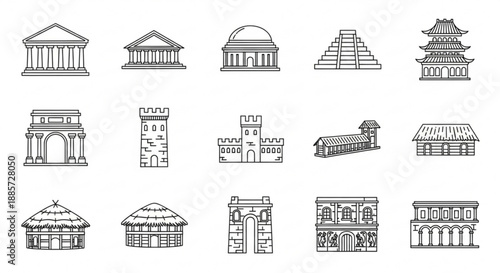 Collection of iconic architectural landmarks and famous buildings from around the world in a simple line drawing style