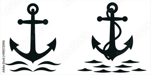 Two stylized black anchor silhouettes with water waves, symbolizing stability and nautical themes vector.