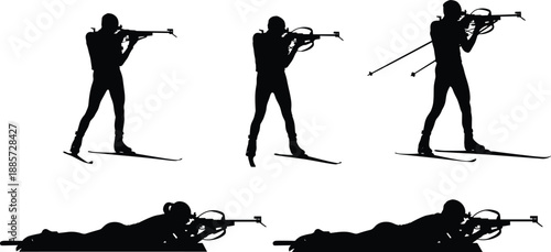 Biathlon athlete silhouette set, winter sports competition with skiing and shooting positions, professional marksman action poses, isolated on white background for design.