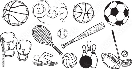 Hand drawn soccer elements set. Doodle football icons and symbols. Vector cartoon illustration collection with ball, goal, trophy cup, medal, cleat, and jersey for sport