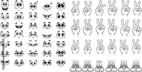 Cartoon character creator kit, comic facial expressions with victory hand signs and legs set, doodle face emotions and body parts for animation.