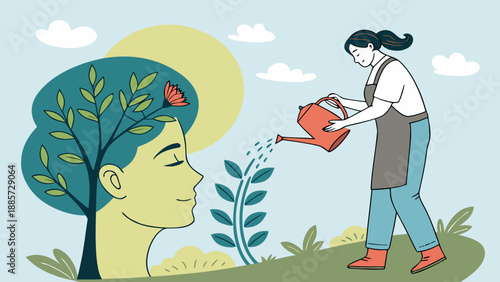 Nurturing Mental Health and Personal Growth: Woman Waters Plant Symbolizing Self-Care and Inner Well-being