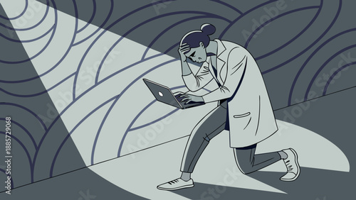 Stressed professional in lab coat with laptop, experiencing burnout and mental fatigue under pressure; technology and work overload concept.