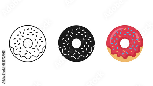 Three donuts with different toppings and colors on white background