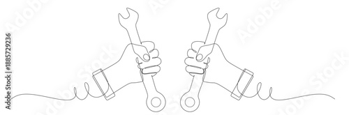 Continuous line art of a hand holding a wrench. repair concept. this image is for a hardware store banner. vector illustration