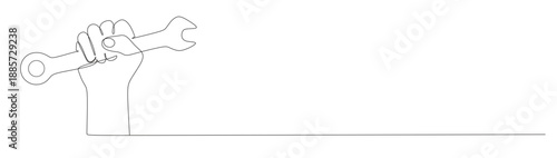 Continuous line art of a hand holding a wrench. repair concept. this image is for a hardware store banner. vector illustration