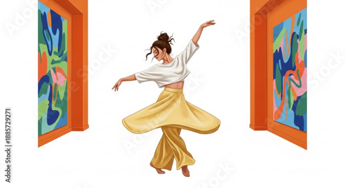 Young ballerina jumping and dancing joyfully in studio