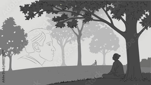 Serene meditation in a park, with a subtle profile representing thought and memory, grayscale illustration