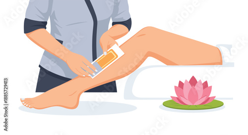 Professional beautician applying a waxing strip to a woman's leg in a serene spa or salon environment, symbolizing hair removal and beauty treatment with a touch of elegance.