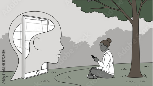 Mind & Tech: Person Engrossed in Phone Outdoors, Tablet in Head Silhouette Visualizing Digital Overload & Screen Time