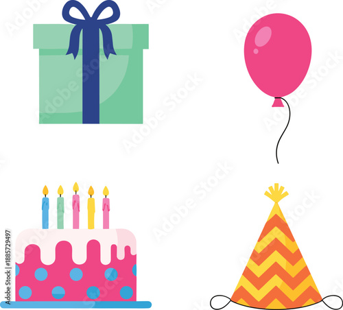 Birthday celebration illustration featuring gift box, balloon, cake with candles and party hat icons for festive events, greetings, invitations and joyful party designs