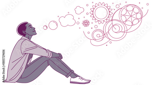 Inspired individual contemplating creative ideas and complex concepts, illustrated with abstract geometric thought forms.