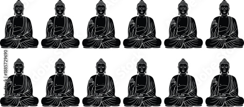 Meditating Buddha statue silhouette set, Zen Buddhism spiritual symbol, peaceful religious icon in lotus position, traditional Asian sculpture isolated on white background.