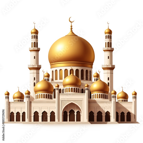Ramadan islamic architecture mosque with golden domes isolated on transparent background