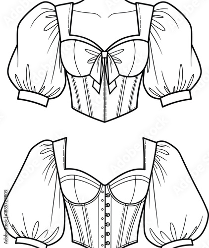 Modern fashionable women crop top with puff sleeves and corset bodice design technical sketch line art illustration isolated on white background