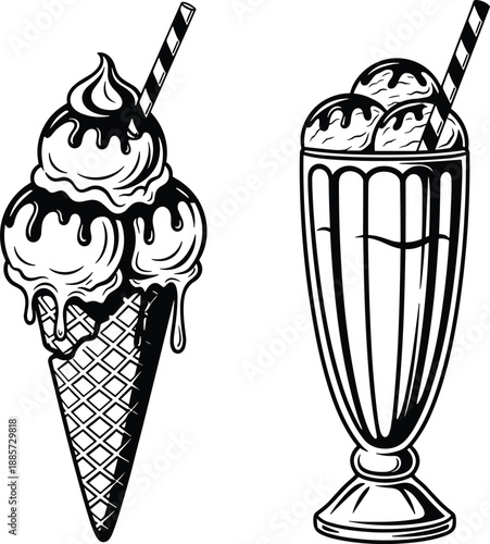 Black and white ice cream cone and milkshake vector illustration, vintage dessert artwork, sweet frozen treats icons, minimalist food design collection