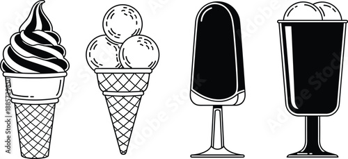Black and white ice cream desserts vector illustration, cones popsicles and sundae cups collection, frozen sweets icons set, minimalist food design