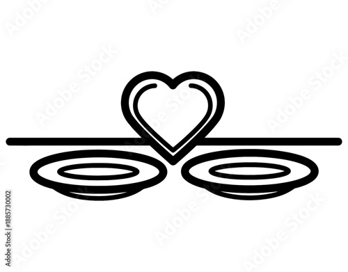 Minimalist line art illustration of a romantic dinner setting featuring two plates and a heart symbol on a table, concept for dating, love, anniversary, and restaurant branding.